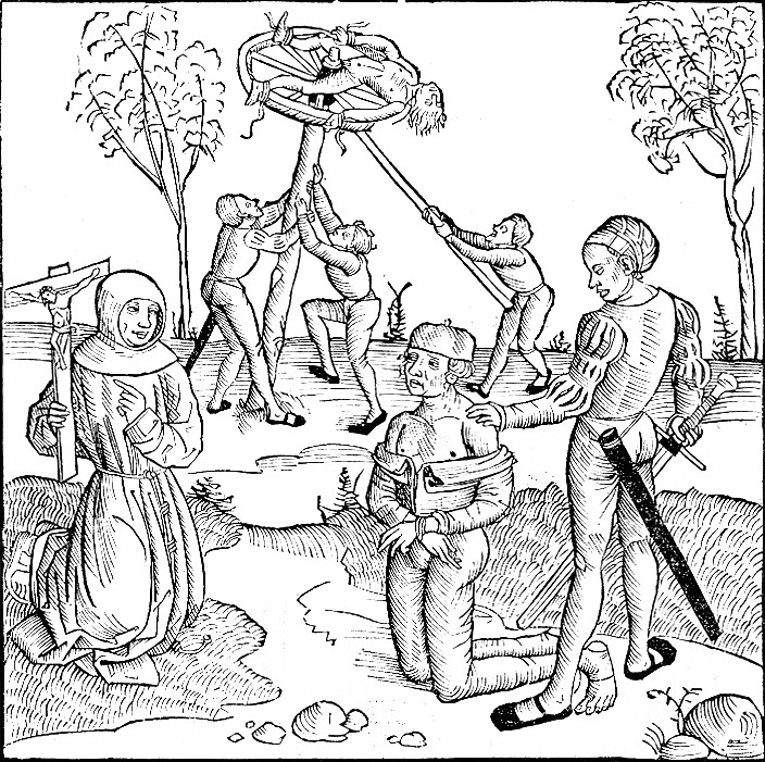 En dödsdömd man erbjuds syndernas förlåtelse. I bakgrunden reser knektar konstruktionen ”stegel och hjul”. På hjulet har en avrättad man placerats. Träsnitt: Hans Pfeil Bamberg, 1500-talets början.