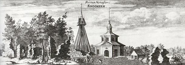 Ruinerna av Krokeks kloster som det såg ut 1706. Kapellet är från 1545 byggt av riddaren Philip Mortensson.