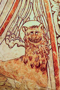 Evangelisten Marcus avbildad som bevingat lejon i Väversunda kyrka.