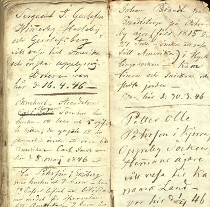 Kompositionsbok (receptbok) för Kisa apotek förd av apotekare Carl Gustaf Sundius, där han i  slutet av boken gjort anteckningar över dem som anmält sig vilja untvandra till Amerika år 1846. 