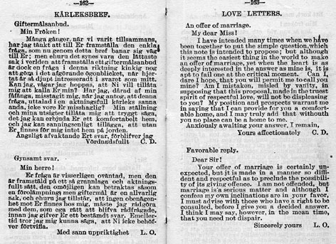 Det fanns också hjälp för att skriva brev, även kärleksbrev. Leachmans`s Svenskt-Engelskt och  Engelskt-Svenskt Ficklexikon tryckt i Minneapolis, Minn 1901.