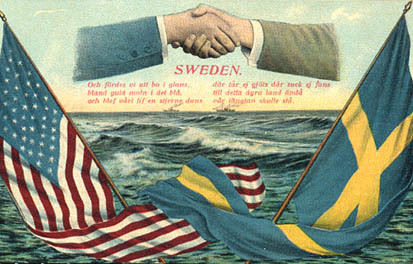 Amerika och Sverige skakar händer, respektive lands flaggor i förgrunden. Hav i bakgrunden.