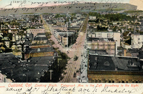 Oakland, Cal. Looking North. Telegraph Ave. to left. Broadway to the Right.