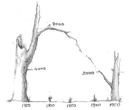 Diagram över antalet dagverkstorp i Östergötland år 1750-1950