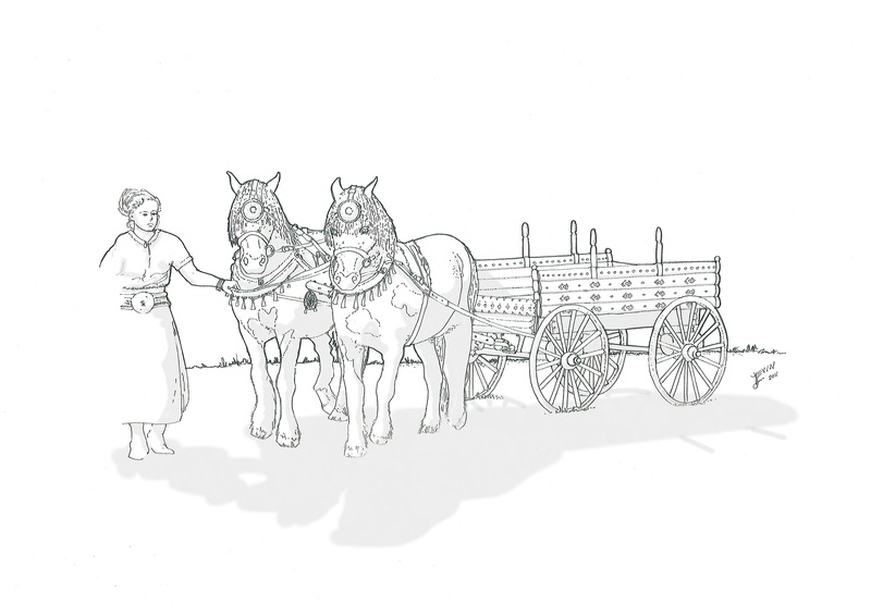 Förslag på rekonstruktion av bronsåldersvagn dragen av hästar. Teckning av Johan Levin