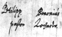 Namnteckning av Philippus Bononius under 1643 års mantalslängd för Locknevi socken. Bild: Kammararkivet, Riksarkivet.
