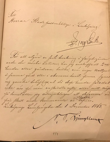 Brev från fängelsedirektör om befrielse av hundskatt 1865 Bild: Linköpings stadsarkiv